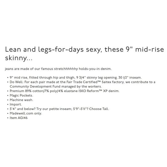 MADEWELL Mid Rise Skinny Jeans 9" Pendale Wash Stretch Classic Ankle Sz 34T Tall - Picture 4 of 12